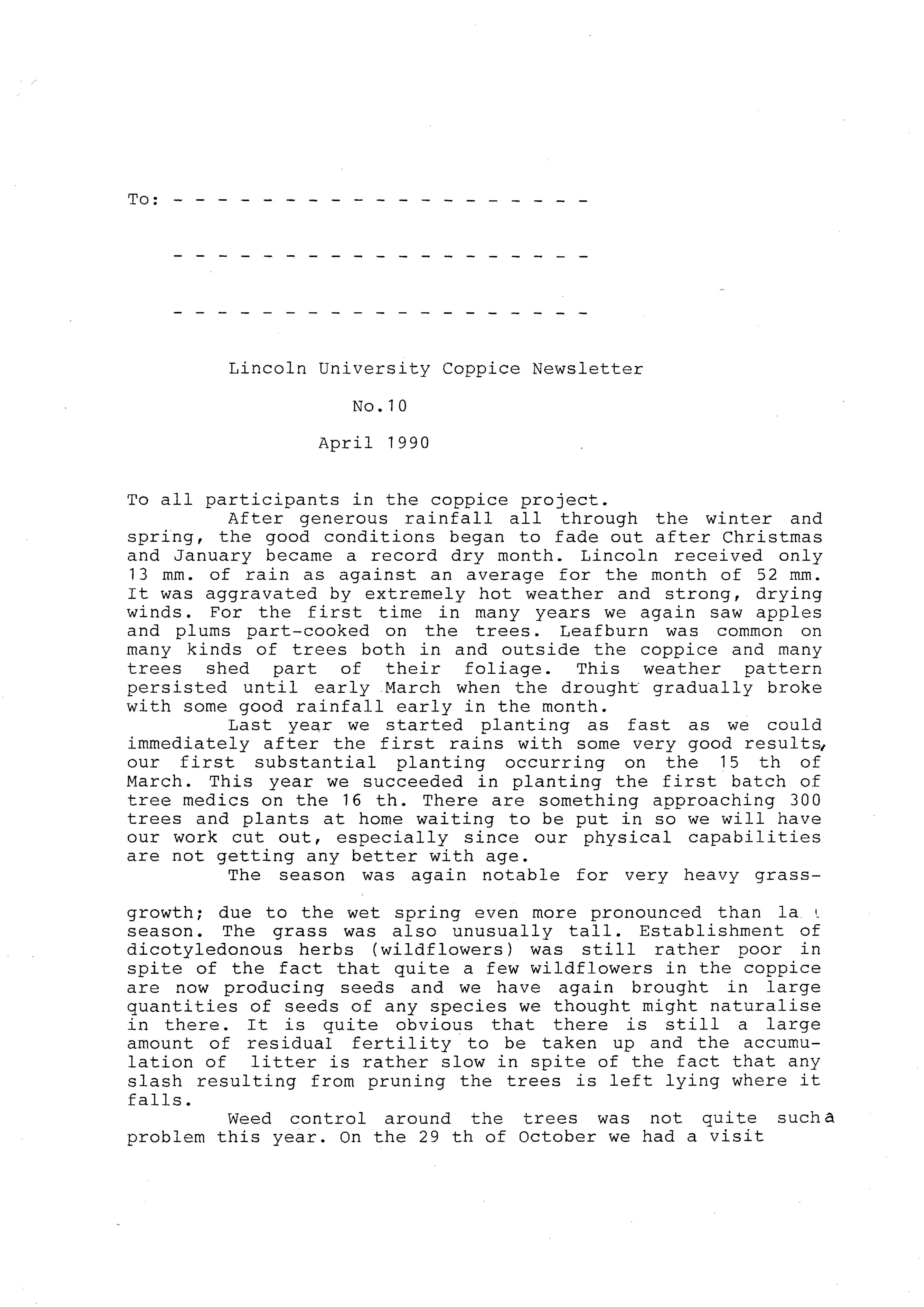 Lincoln College Brandenburg Coppice Newsletter No. 10, April 1990