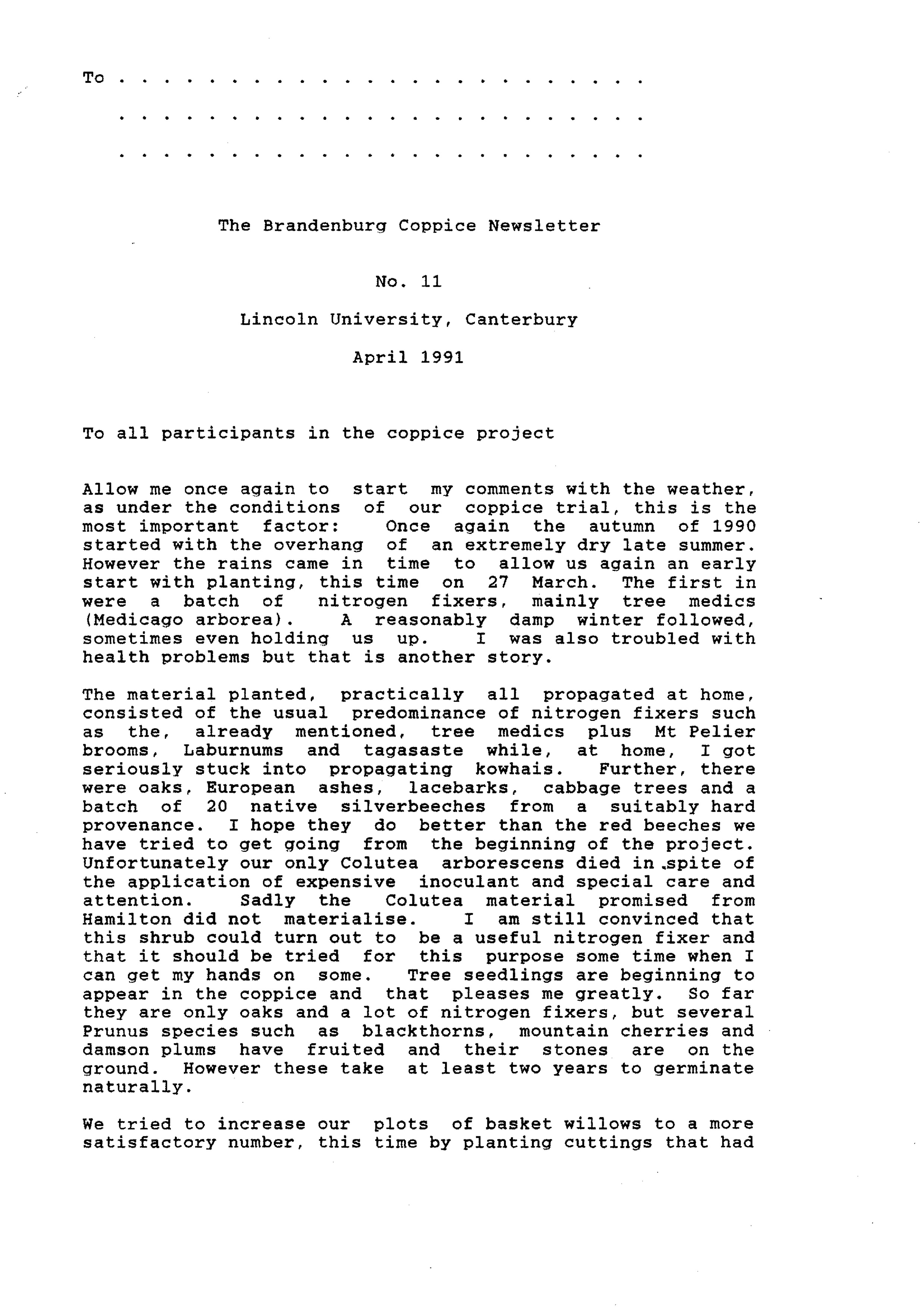 Lincoln College Brandenburg Coppice Newsletter No. 11, April 1991