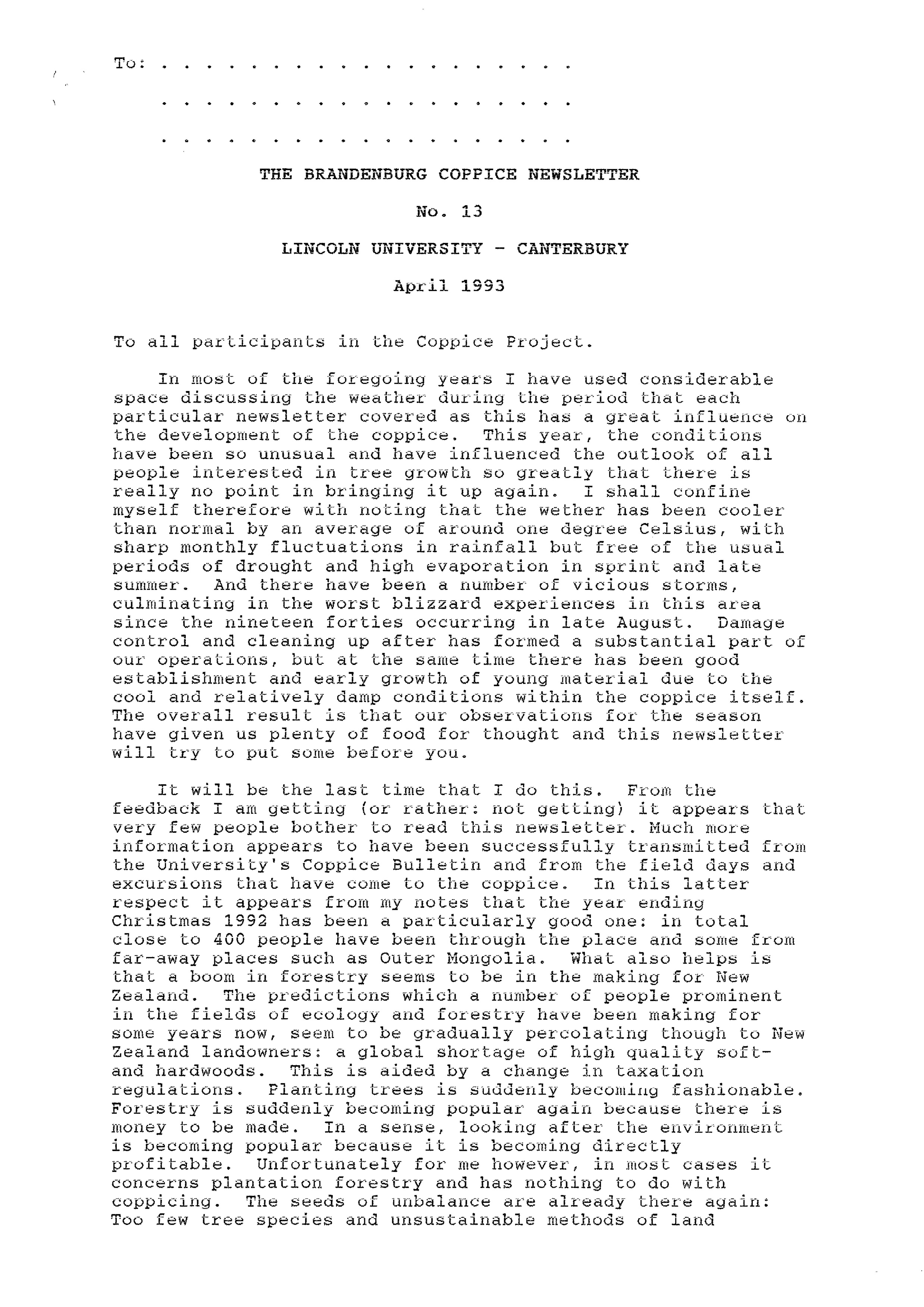 Lincoln College Brandenburg Coppice Newsletter 
No. 13, April 1993