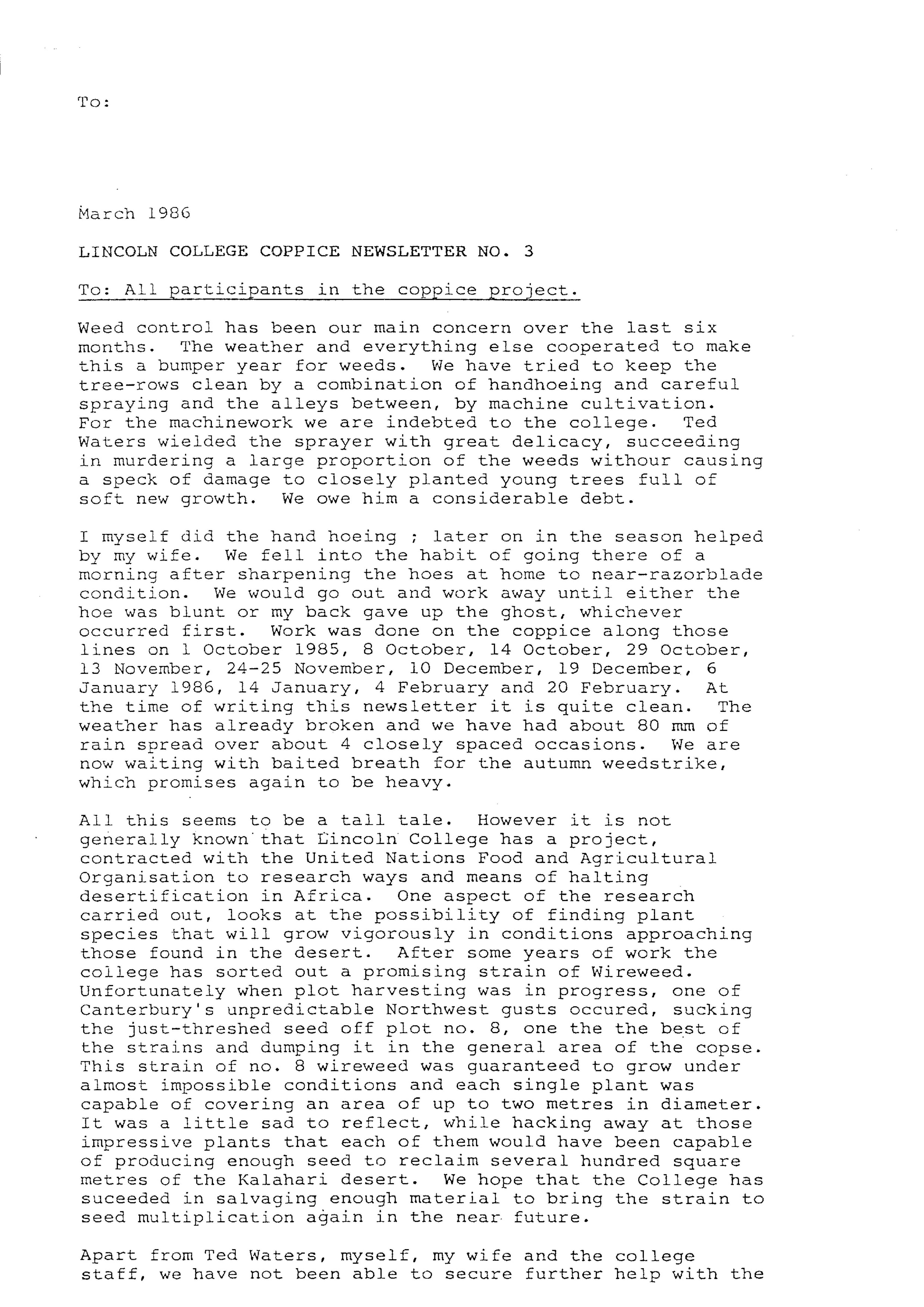 Lincoln College Brandenburg Coppice Newsletter No. 3, March 1986