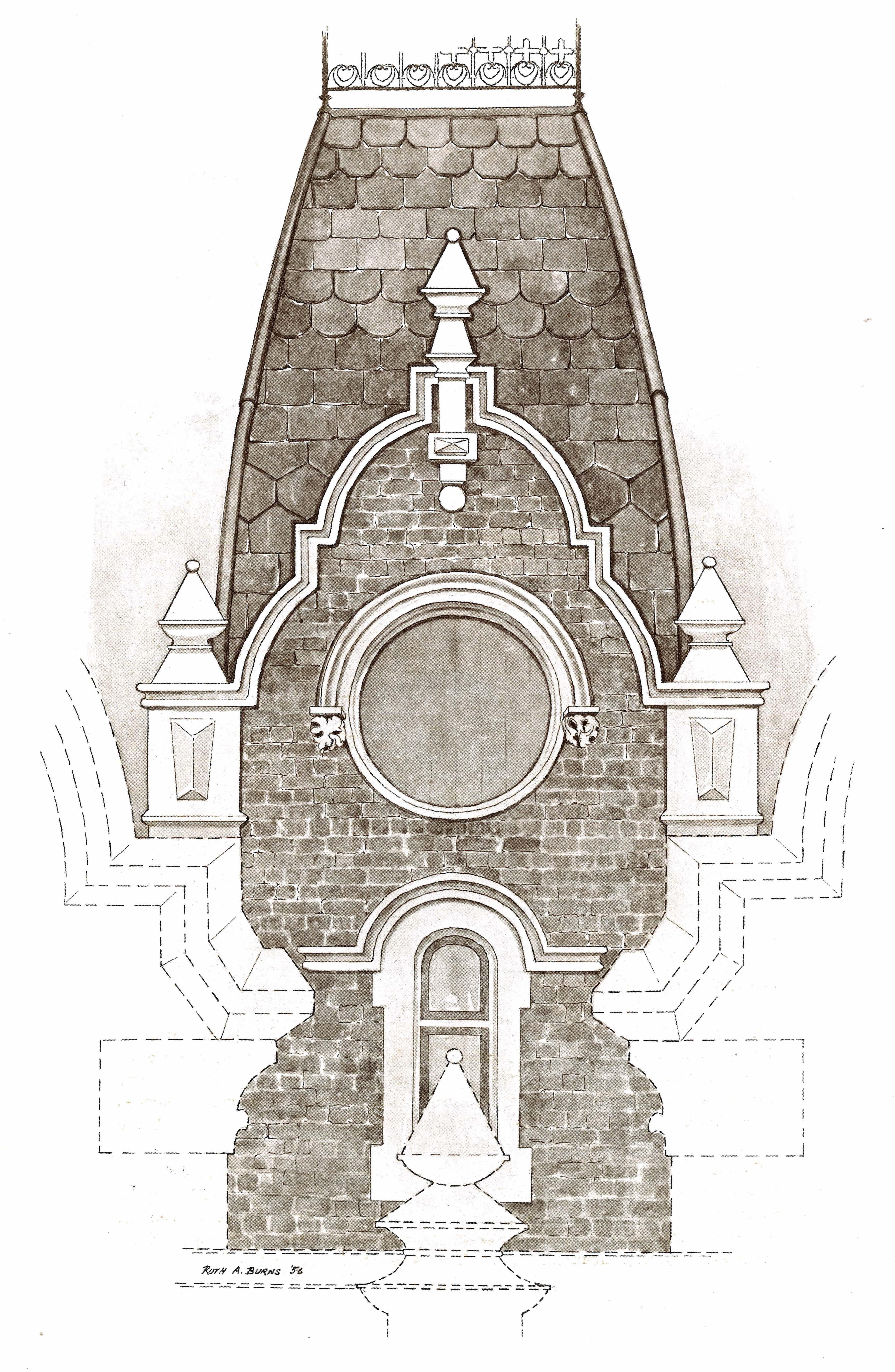 The belltower of Ivey Hall, drawn by Ruth Burns in 1977