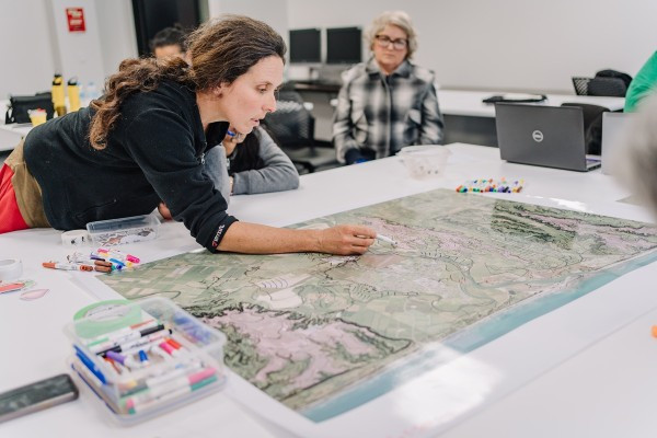 Co-researchers lead the spatialisation of long-term landscape planning strategies within the rohe of Te Whakatōhea (image supplied by Mo+Co)