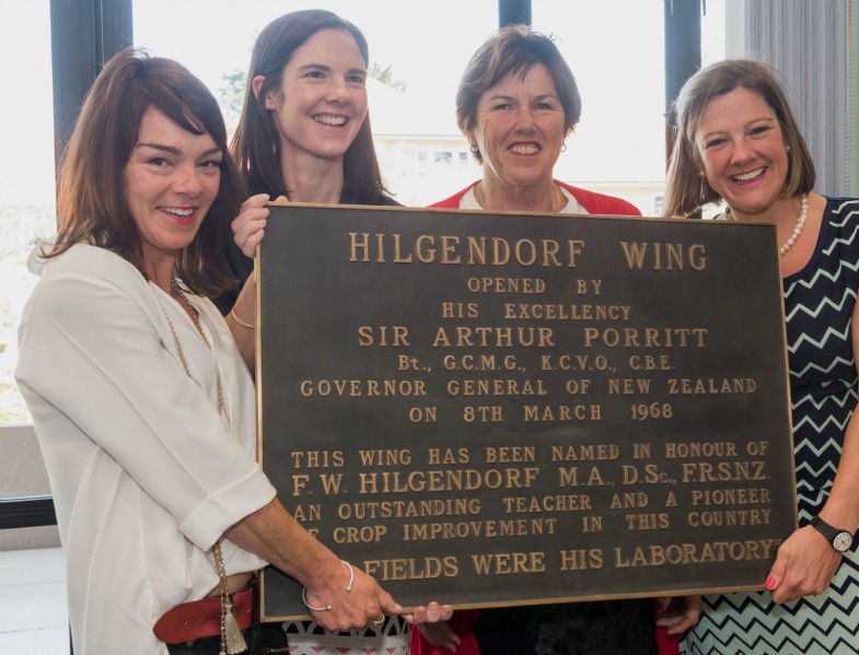 Charlotte Hilgendorf, left, Prue Frost, Jane von Dadelszen, and Henrietta Scott, a granddaughter and three great-granddaughters of pioneering New Zealand plant scientist, Lincoln University’s Professor Frederick William Hilgendorf, were given the plaque from the campus building named after him which is being demolished, at a lunch last week at the University.