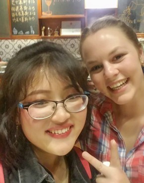 Annabelle Adkins, right, with her “buddy” Jiaqi Yan.