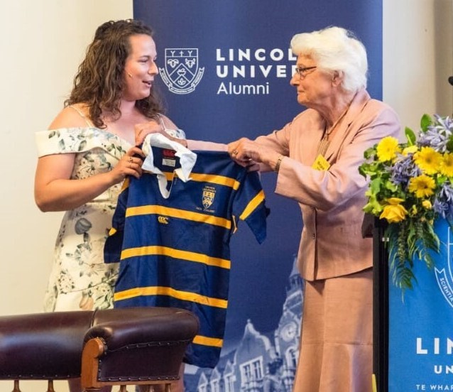 Former Chancellor, Margaret Austin, made a surprise presentation to outgoing LUSA President Kristy Havill of a Lincoln University rugby jersey she had been given by students to wear at her final Council meeting in 2004.