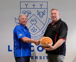  Lincoln Recreation Centre Manager Pete Magson, left, and Canterbury Basketball General Manager Clive Beaumont mark the new sponsorship arrangement.