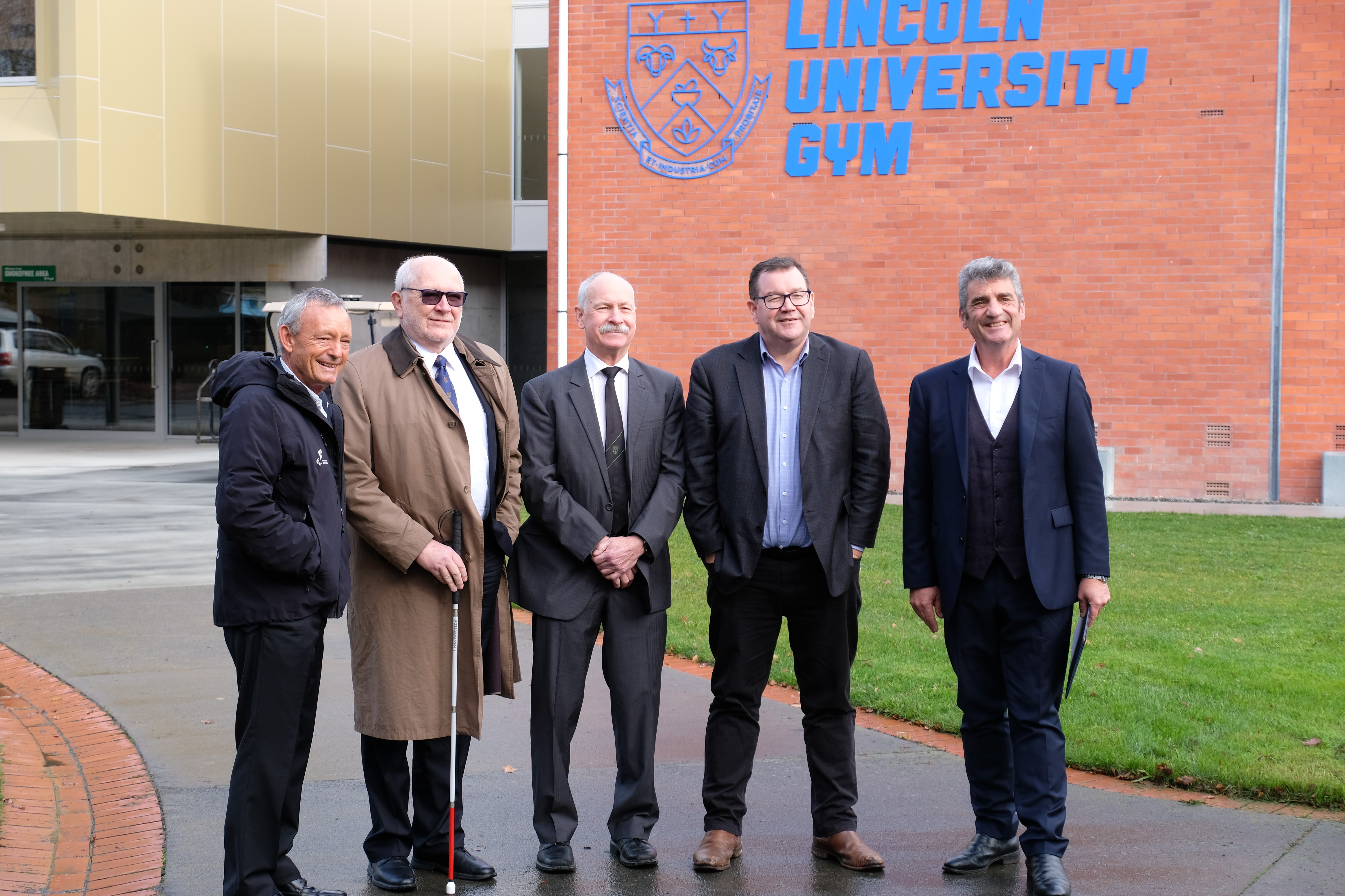 PHOTO: From left – Tony Hall (Former LU Chancellor), Emeritus Professor James McWha (LU Pro-Chancellor); Professor Bruce McKenzie, (LU Acting Vice-Chancellor); Hon Grant Robertson; Bruce Gemmell (LU Chancellor).