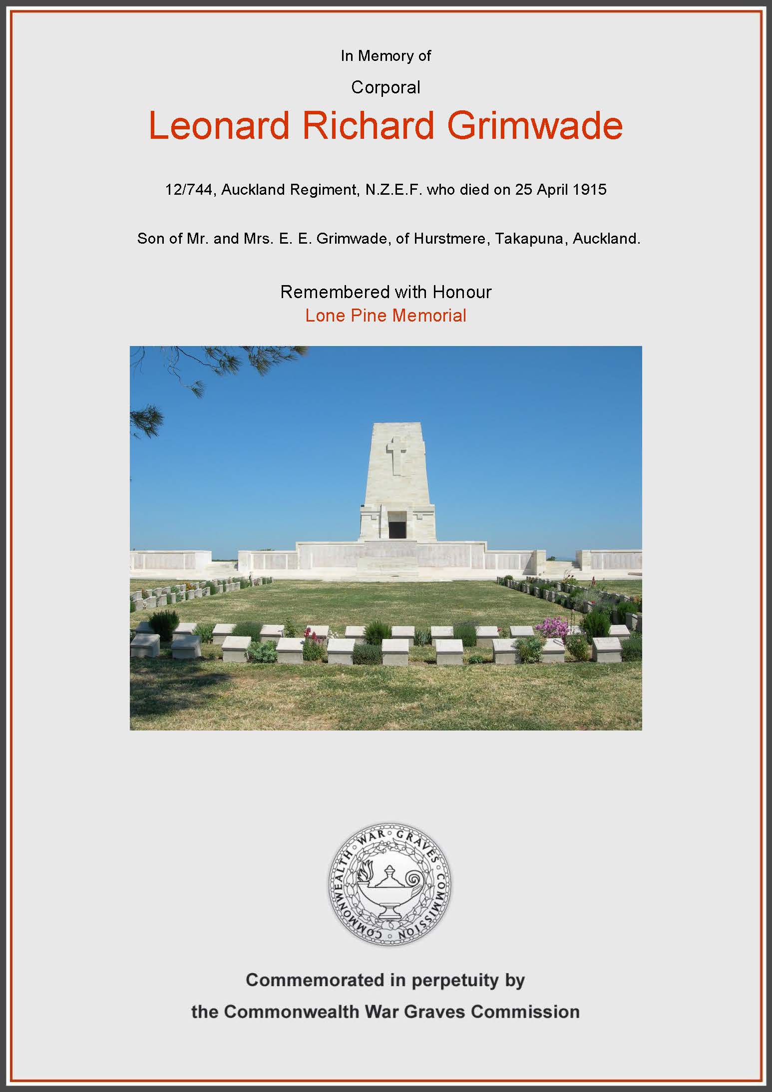 In Memory of Corporal Leonard Richard Grimwade