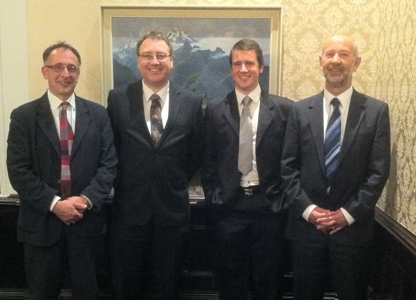 Roland Harrison (CV&O Director), Chris Winefield (supervisor), Darrell Lizamore (PhD student) and Brian Jordan (supervisor) (left to right) celebrating Darrell's success at the 2013 David Jackson Dinner
