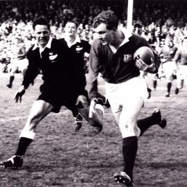 1959 Junior ABs v Lions Don D forces Tony O'Reilly over the sideline before Jeff Butter field broke in.