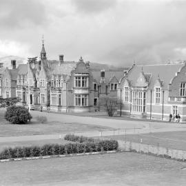 A view of Ivey Hall and Memorial Hall from the Sucken Garden, Canterbury Agricultural College, circa late 1950s