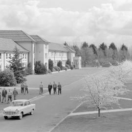 Hudson Hall, Lincoln College campus in spring, circa early–mid 1960s (Blackmore Neg5054)
