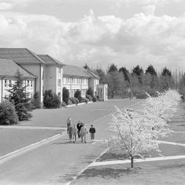 Hudson Hall, Lincoln College campus in spring, circa early–mid 1960s (Blackmore Neg5055)