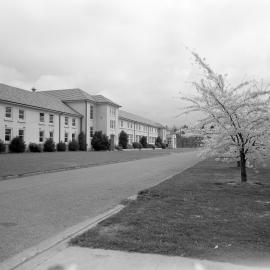 Hudson Hall, Lincoln College campus in spring, circa early–mid 1960s (Blackmore Neg5056)