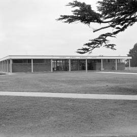 George Forbes Memorial Library shortly after its opening, viewed from near Memorial Hall, Canterbury Agricultural College, circa 1960.