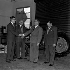 Presentation of sectioned David Brown tractor to Lincoln College for teaching purposes, 1961
