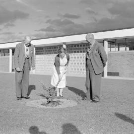 Retirement tree planting ceremony for long-serving staff member Miss E. A. Lilburne at Canterbury Agricultural College, December 1961