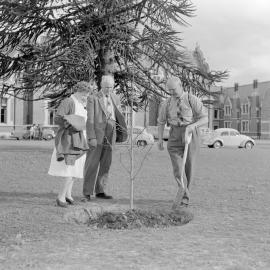 Memorial tree planting during staff retirement ceremony at Canterbury Agricultural College, December 1961