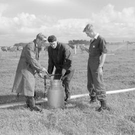  Students measuring discharge from an irrigation system on a dairy farm, 1957 (Blackmore Neg 5178)