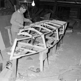 Ron Blackmore constructing a wooden boat frame (Blackmore Neg 5181)