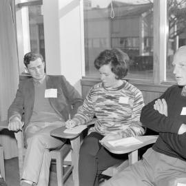 Lincoln College students in small‑group discussion (Blackmore Neg 5193)