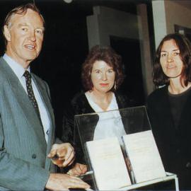 Vice-Chancellor Professor Bruce Ross, Coral Atkinson and Daphne Brasell at the launching of Lincoln University Press' first book, 1994