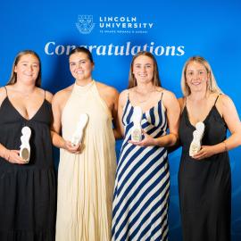 2025 Blues and Golds Awards: Sporting Blue winners, Edie Heaps (Rugby), Abby Smith (Rugby), Anna Templeton (Rugby), and Georgia Roy (Hockey)