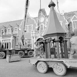 Putting the bell tower on the Ivey Hall Clock, September 1982 (1)