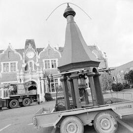 Putting the bell tower on the Ivey Hall Clock, September 1982 (2)