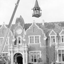 Putting the bell tower on the Ivey Hall Clock, September 1982 (4)