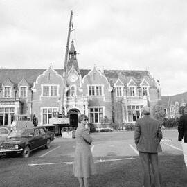 Putting the bell tower on the Ivey Hall Clock, September 1982 (6)