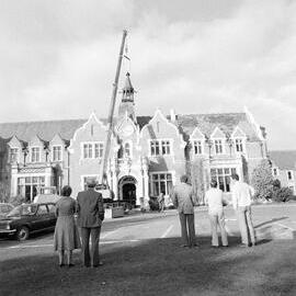 Putting the bell tower on the Ivey Hall Clock, September 1982 (7)