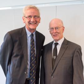 2015 Lincoln University Medal Award Ceremony at Te Kete Ika, Lincoln University Chancellor, Tom Lambie (left) and Ian Collins
