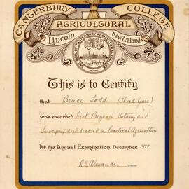 Certificate – Bruce Todd, First Prize in Botany and Surveying (1919)