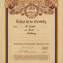 War Certificate – B. Todd, First in Botany (1917)