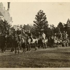 Canterbury Agricultural College mounted procession beside Memorial Hall, c.1917