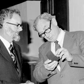 Bledisloe Medal winner Dr R. H. Thornton (left) with O.S.A. President G. M. Niederer after the presentation, 1977