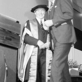 Sidney M. Hurst and A. R. Hutton on the Gillespie Hall Stage, 04 May 1984