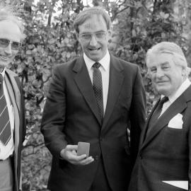 LCOSA President Alan Bilbrough with Bledisloe Medallist Colin  James (Jas) McKenzie and Professor Bryan Philpot, May 1985