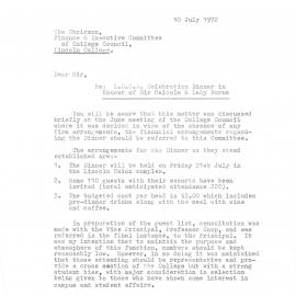 Celebration Dinner - Letter from the Lincoln College Students' Association President to the College Council, 10 July 1972