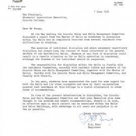 Hunt - Letter to the Lincoln College Students' Association President, 1 June 1972