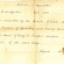 1941 Mock Certificate to Joyce Throp Canterbury Agricultural College.