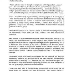 15 August 2000 
Lincoln Honorary Doctorate for Mike Moore – Citation