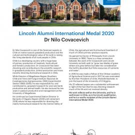 2020 Lincoln Alumni International Medal Citation - Nilo Covacevich