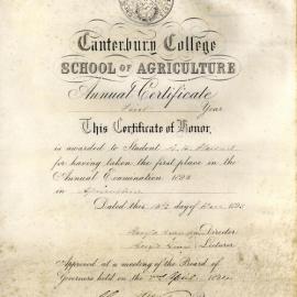 1894 School of Agriculture Annual Certificate in Agriculture awarded to G. H. Stewart
