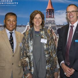 Ghanashyam Gurung, Lisa Choegyal and Grant Edwards at the Chancellor's Cocktail Function, 2024