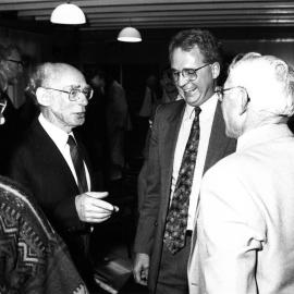 Seinor Technical Officer Gerry Meijer at his farewell function with Professor Roger Reid and Professor Jim White of the Plant Science Department. Errol Costello,Centre for Continuing Education,at left.