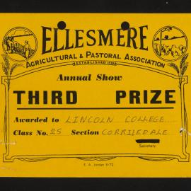 Ellesmere A&P Show Certificate, [1970s], Third Prize, Lincoln College, Corriedale