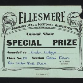 Ellesmere A&P Show Certificate, [1970s], Special Prize, Lincoln College, Dorset Down Ram