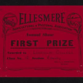 Ellesmere A&P Show Certificate, [1970s], First Prize, Lincoln College, Romney (Class 12)